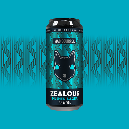 Close up of Mad Squirrel Zealous Pilsner can showing label details