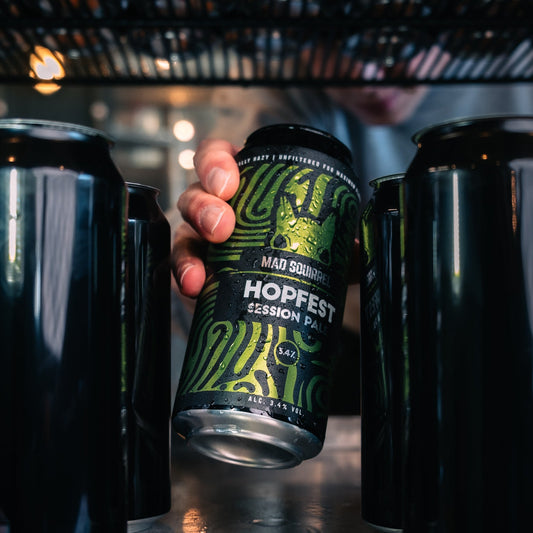 Person holding a can of 'Hopfest Session Pale Ale' with other cans in the background.