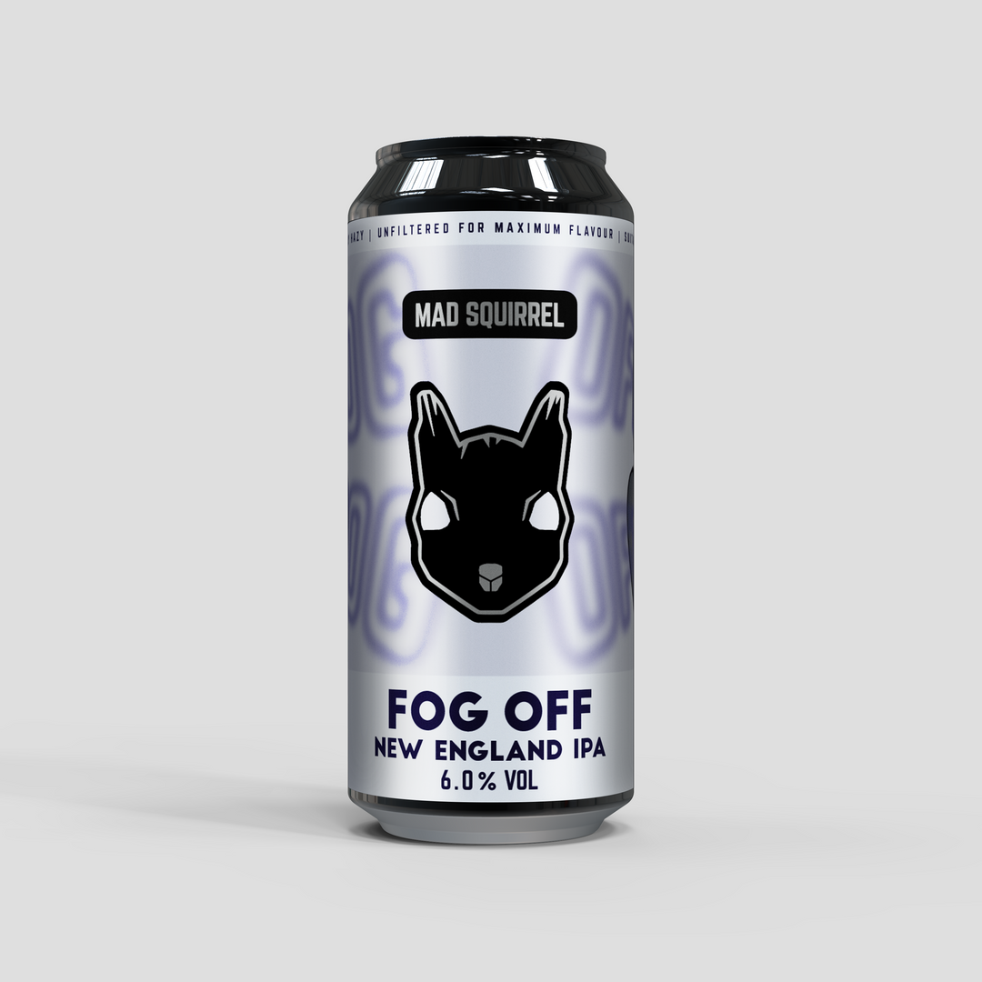 Can of Mad Squirrel Fog Off New England IPA on a light gray background