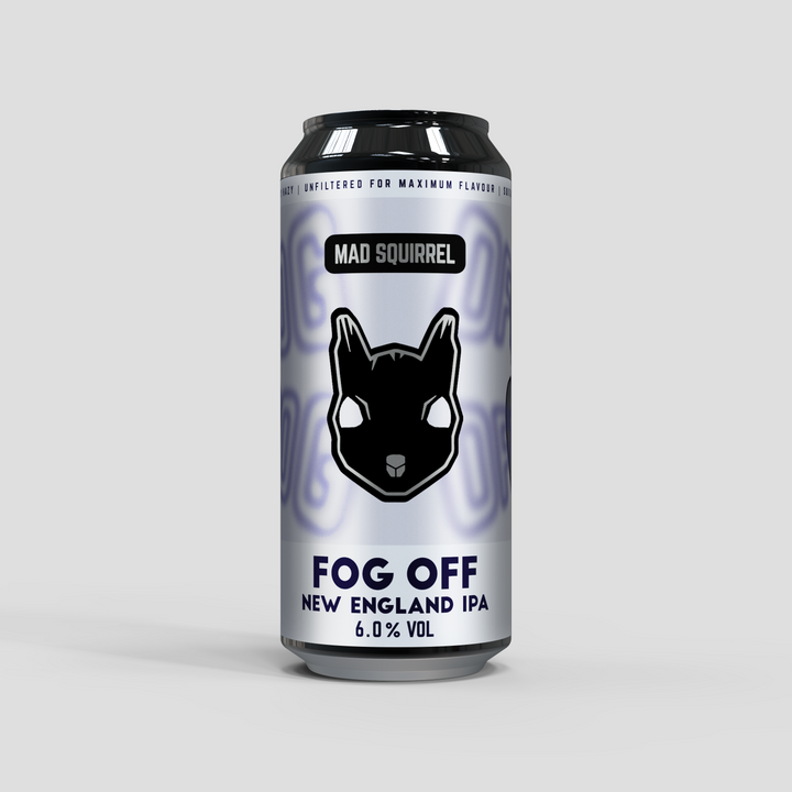 Can of Mad Squirrel Fog Off New England IPA on a light gray background