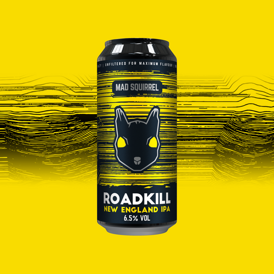 Close up of Mad Squirrel Roadkill NEIPA can showing label details