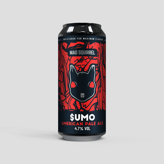 A can of $umo - American Pale Ale by Mad Squirrel with a graphic of a squirrel and hop patterns in red and black on a white background.
