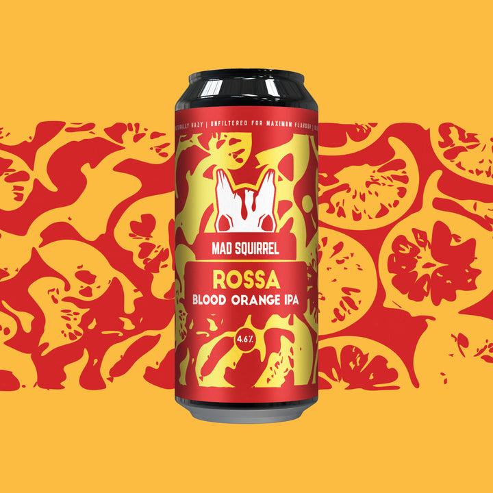 Can of Mad Squirrel Rossa Blood Orange IPA on a yellow background with red and orange design.