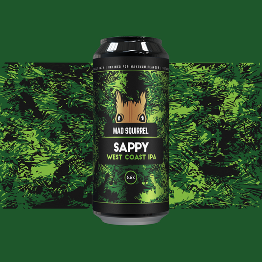 Can of Mad Squirrel Sappy West Coast IPA with a green leafy background