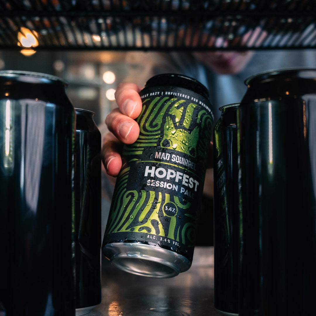 Person holding a can of 'Hopfest Session Pale Ale' with other cans in the background.