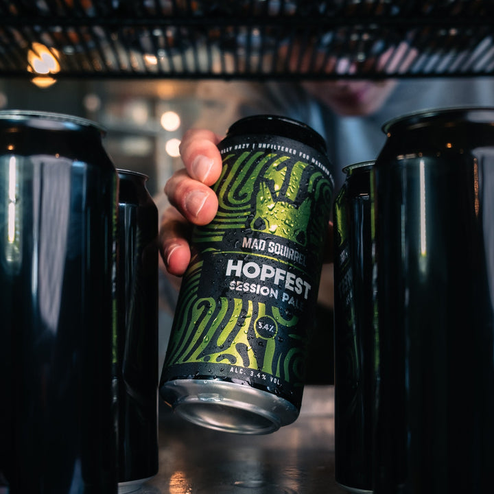 Person holding a can of 'Hopfest Session Pale Ale' with other cans in the background.