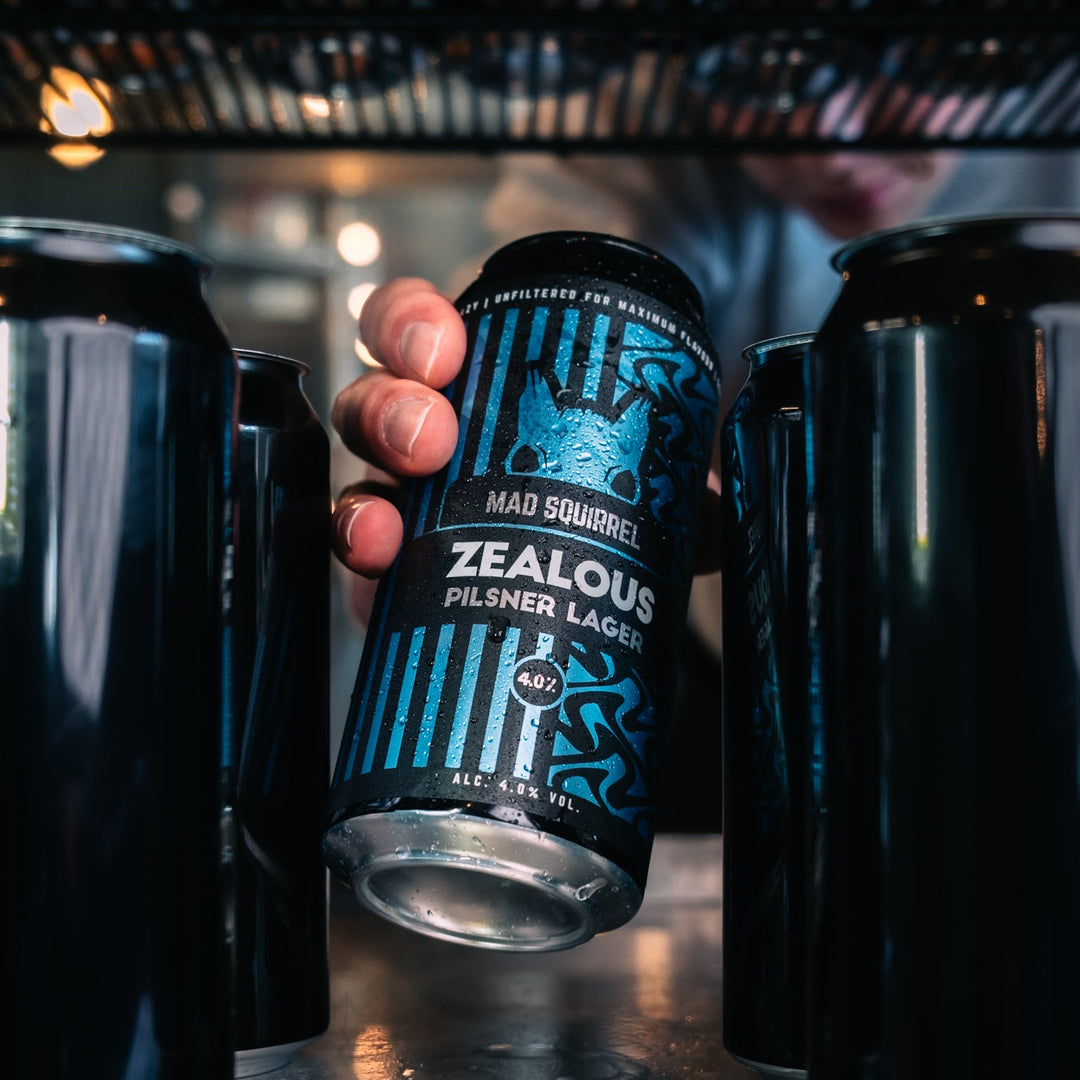 Person holding a can of Mad Squirrel Zealous among other cans.